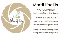 a business card for mardi padilla a photographer in santa cruz county