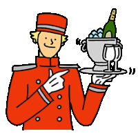 a cartoon of a waiter holding a tray with a bottle of champagne and wine glasses on it .