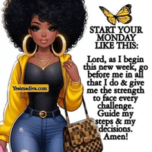 a cartoon of a woman holding a purse with the words start your monday like this on the bottom
