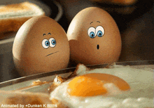 two eggs with faces drawn on them standing next to a plate of fried eggs