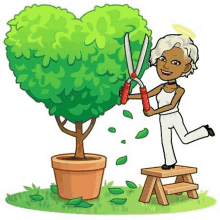 a cartoon woman is cutting a heart shaped bush with scissors while standing on a stool .