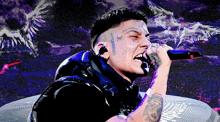 a man with tattoos on his face is singing into a microphone with a purple background