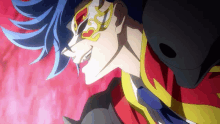 a close up of a cartoon character with blue hair and a red and yellow mask on his face .