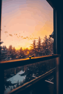 a view of a sunset from a window with trees in the background