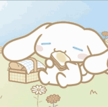 a cartoon bunny is eating a piece of bread next to a basket of bread .