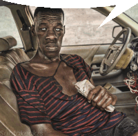 a man in a striped shirt is sitting in the back seat of a car holding a bag of money