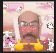 a bald man with glasses and a mustache is surrounded by hello kitty stickers .