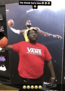 a man wearing a red vans shirt is standing in front of a basketball player