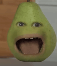 a green pear with its mouth open and tongue hanging out