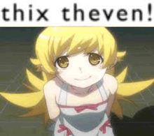 a picture of a girl with yellow hair and the words `` this theven '' .