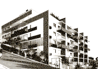 a black and white drawing of a building with a lot of balconies