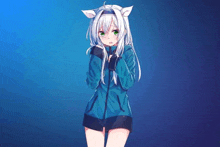 a girl with white hair and cat ears is wearing a blue jacket and gloves .