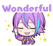 a cartoon character with purple hair and the words `` wonderful '' .