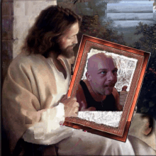 a painting of jesus holding a picture of a man