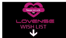 a pink heart with a white arrow pointing down is on a black background with the words pamper me with my lovense wish list .