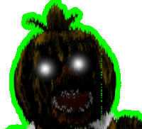 a cartoon drawing of a pumpkin with glowing eyes and a green background .