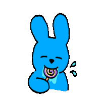 a blue rabbit is eating a lollipop with a swirl on it