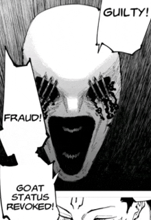 a black and white drawing of a man with a mask saying guilty fraud goat status revoked