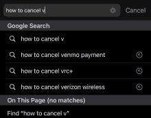 a screen shot of a google search for how to cancel verizon wireless