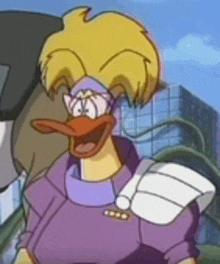 a cartoon duck is wearing a purple shirt and a yellow wig .