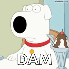 a cartoon dog is sitting at a table next to a bowl of ice cream and the word dam .