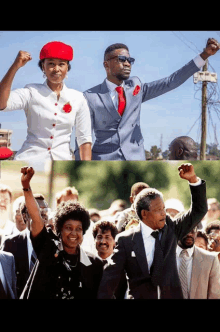 a man in a suit and a woman in a red hat are standing next to each other with their fists in the air