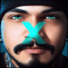 a close up of a man 's face with a blue x in the middle