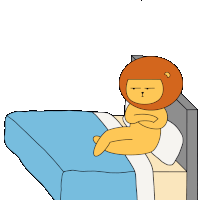 a cartoon of a lion sitting on a bed with its arms crossed