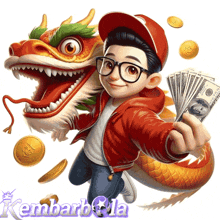 a boy in a red jacket is holding a bunch of money in front of a dragon and the words kembarbola