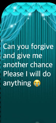 a blue curtain with the words can you forgive and give me another chance please i will do anything written on it