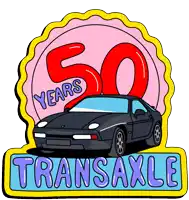 a sticker that says 50 years transaxle with a car on it