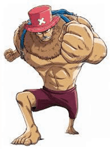 tony tony chopper from one piece is a very muscular man with a top hat and shorts .