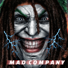 a picture of a joker with lightning and the words mad company below it