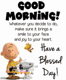 a good morning message with charlie brown and snoopy on it