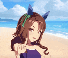 a girl with a green bow on her head is pointing up