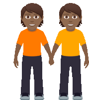 a cartoon of two men holding hands with one wearing an orange shirt and one wearing a yellow shirt