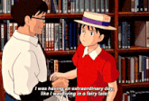 a man and a boy shake hands in front of a bookshelf and the boy says i was having