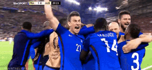 a group of soccer players are celebrating a goal on a field