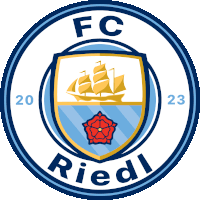 a blue and white logo for fc riedl with a sailboat on it