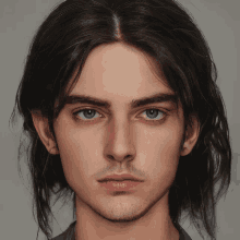 a close up of a man 's face with long black hair and blue eyes