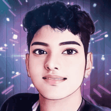 a cartoon drawing of a young boy with a purple background