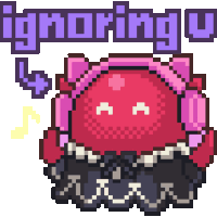 a pixel art drawing of a red jellyfish with headphones and the words ignoring you above it