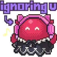 a pixel art drawing of a red jellyfish with headphones and the words ignoring you above it