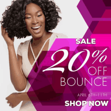 a woman is smiling in front of a sign that says 20 % off bounce