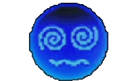 a blue circle with two swirls and a face on it