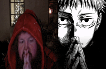 a man wearing a red hoodie next to a black and white drawing of a man 's face