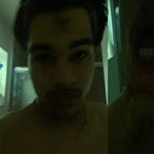 a shirtless man with a beard is taking a selfie in the dark .