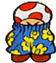 a cartoon drawing of a toad wearing a red and white hat and a blue and yellow outfit .