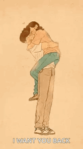 a man is carrying a woman on his shoulders with the words `` i want you back '' below them .