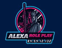 a logo for alexa role play shows a person holding a gun